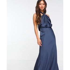 ASOS DESIGN Bridesmaid Satin Ruched Halter Neck Maxi Dress in Petrol Blue Size 4